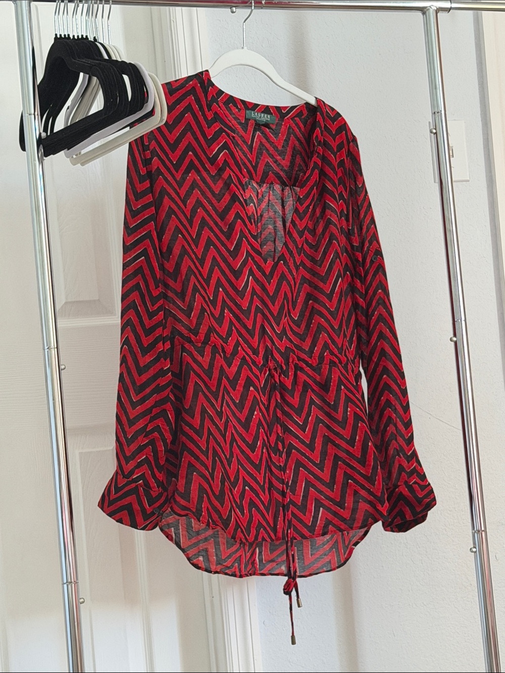 Ralph Lauren Red and Black Chevron Drawstring V-Neck Blouse